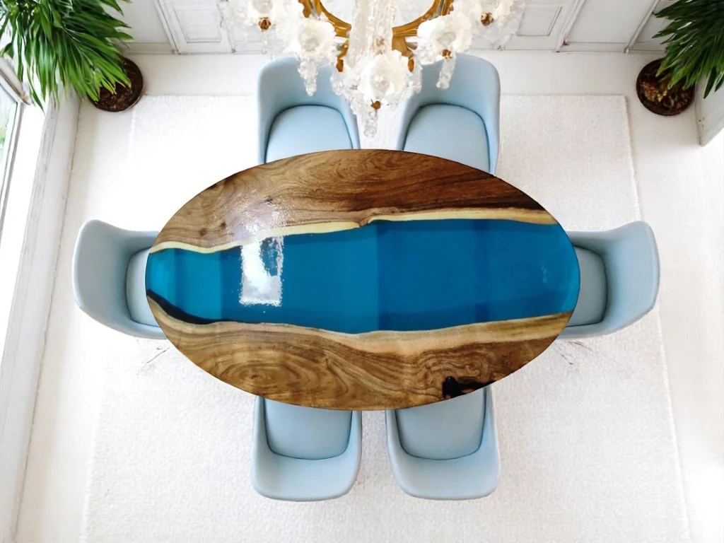 Teal Blue Epoxy Oval Table DIY Handmade Stunning Home Accent